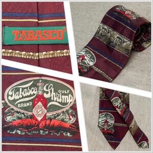 Tabasco Sauce Tie Gulf Shrimp Red Black 100% Silk USA 57L 4W